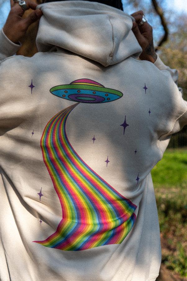 Hoodie In Sand With Trippy Alien Invasion Print-4