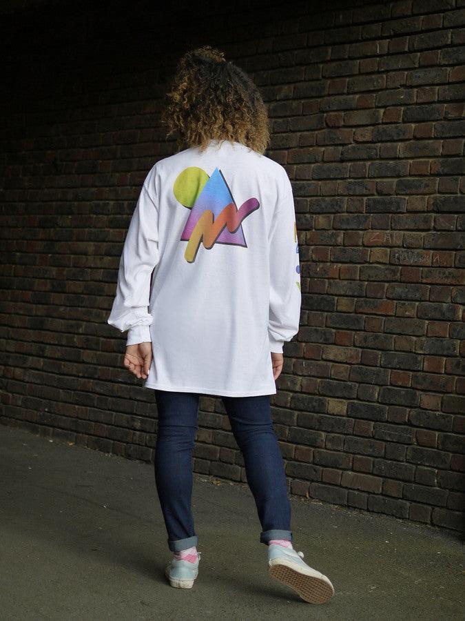 Colourful 90s Gradient Design On White Long Sleeved T-shirt-2