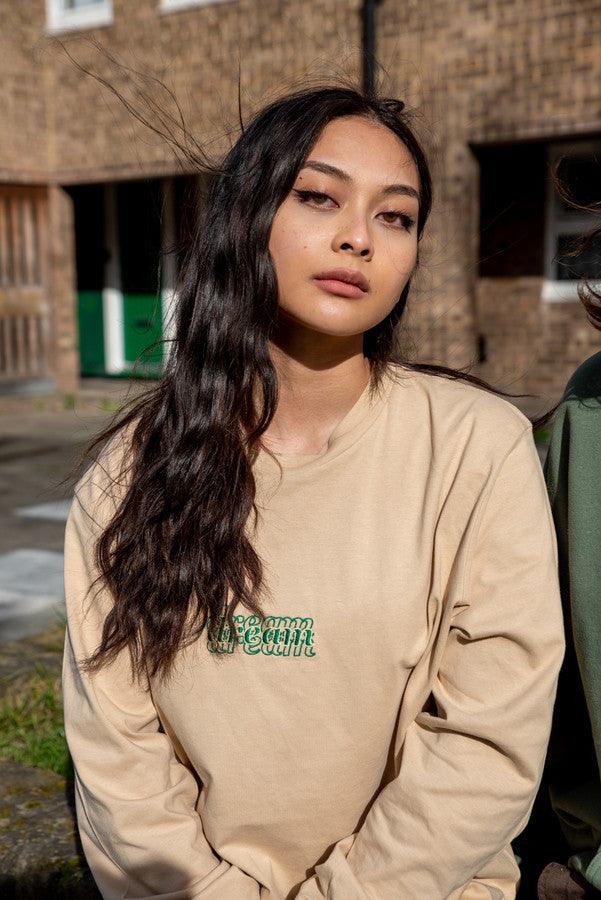 Long Sleeved T-Shirt In Tan With Three Type Logo Embroidery-1