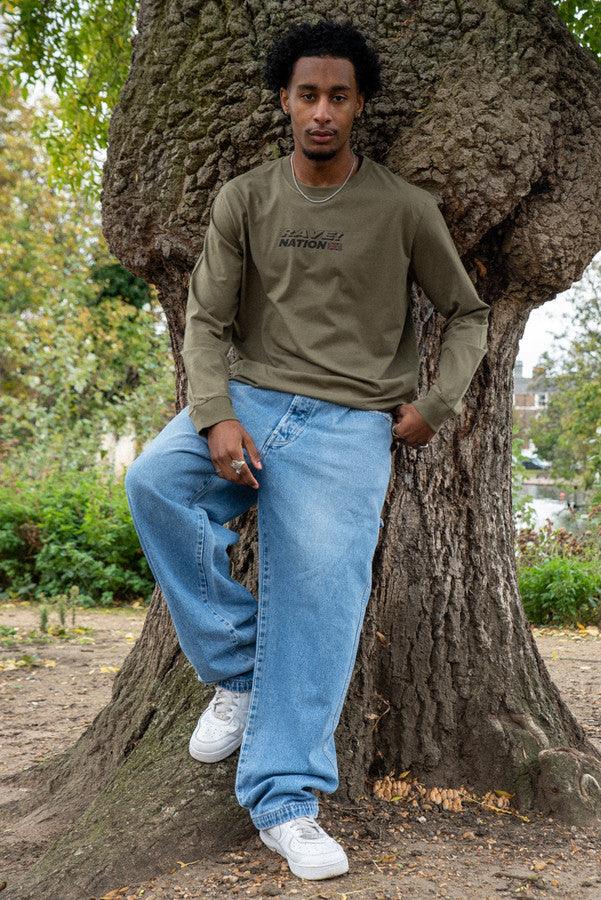 Long Sleeved T-Shirt in Army With 90s Rave Smiley Print-2