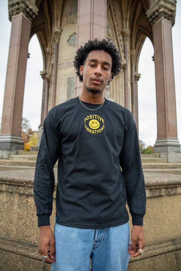 Long Sleeved T-Shirt in Black With 90s Rave Smiley Embroidery-0