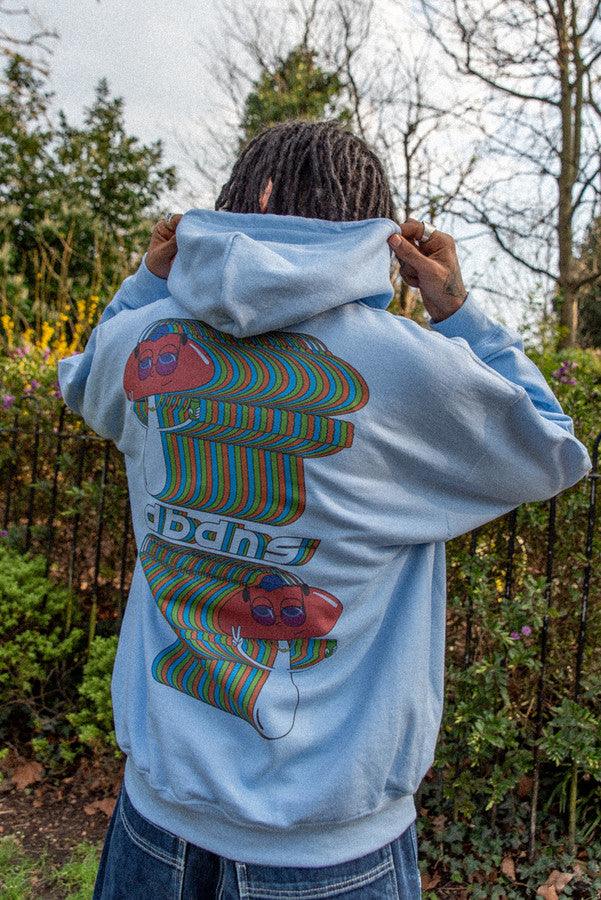 Heavyweight Hoodie in Light Blue With Trippy Mushroom Print-1