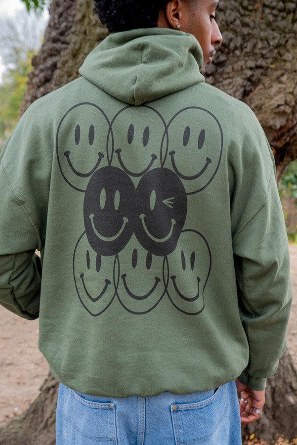 Hoodie in Military Green with 90s Rave Smiley Print-2