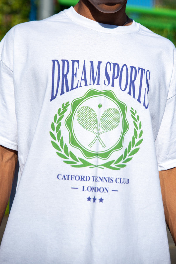 Short Sleeved T-Shirt in White Dream Sports Tennis Club Emblem Design-1