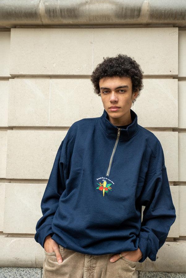 1-4 Zip Sweatshirt In Navy With Paradise Island Parrot Embroidery-1