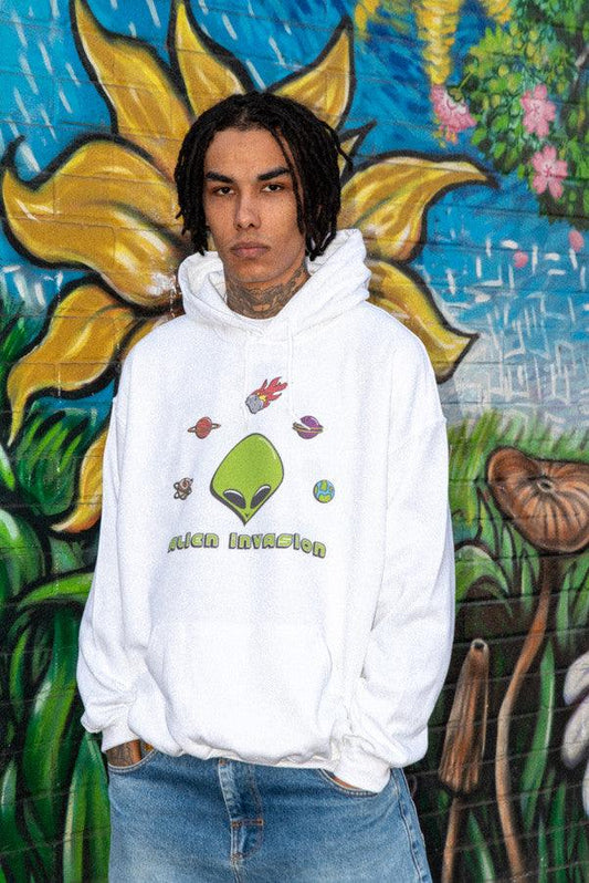 Heavyweight Hoodie in White With Alien Invasion Print-0