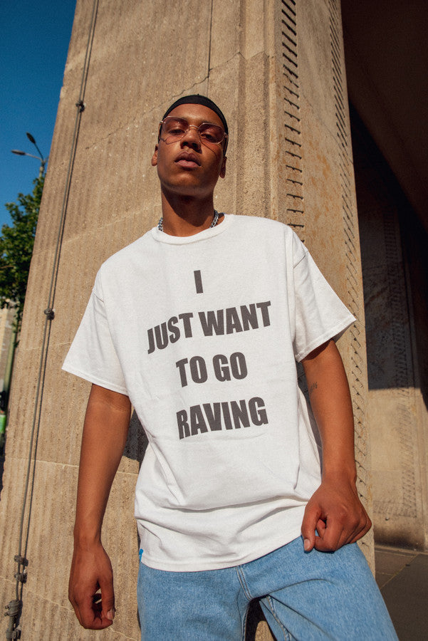 Short Sleeve Tshirt in White with I Just Want To Go Raving Print-4