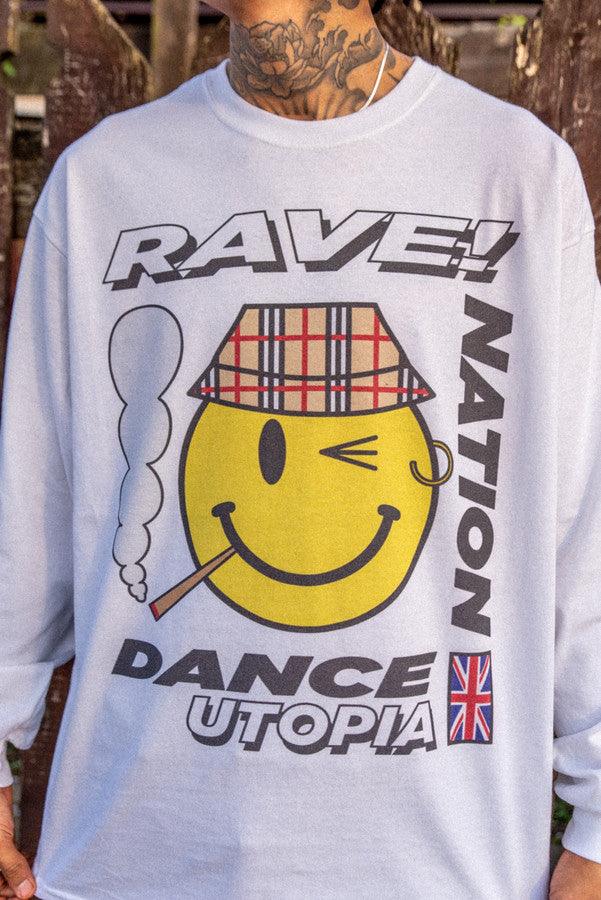 Long Sleeved T-Shirt in White With Rave Nation Print-0