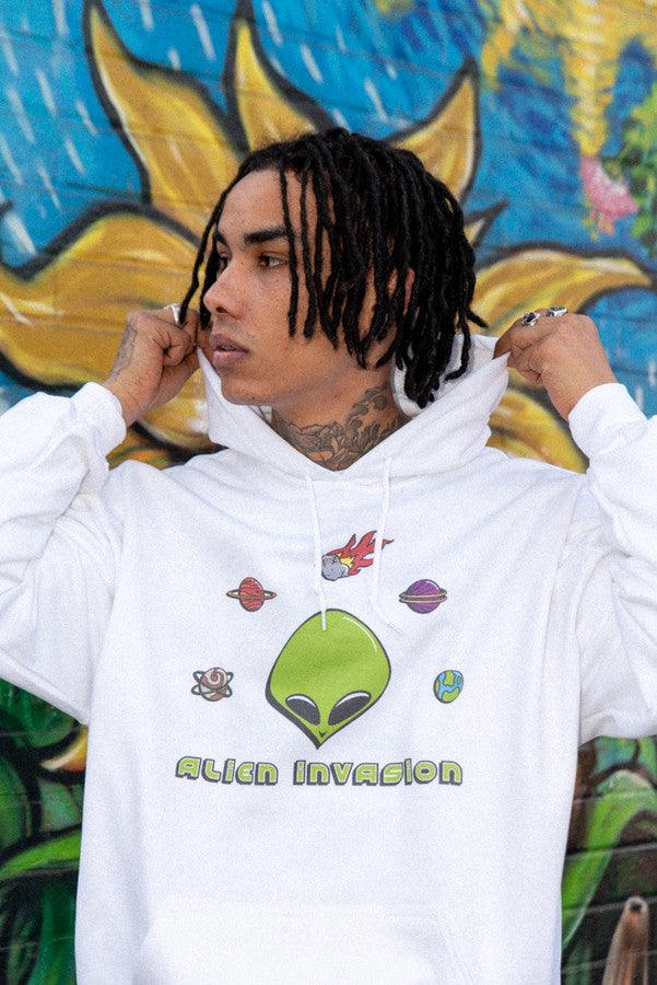 Heavyweight Hoodie in White With Alien Invasion Print-2