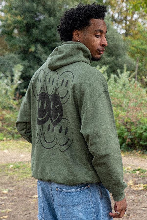 Hoodie in Military Green with 90s Rave Smiley Print-0