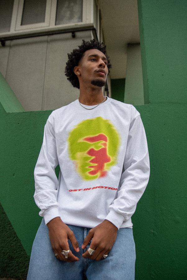 Long Sleeved T-Shirt in White With Lost In Motion Infrared Print-0