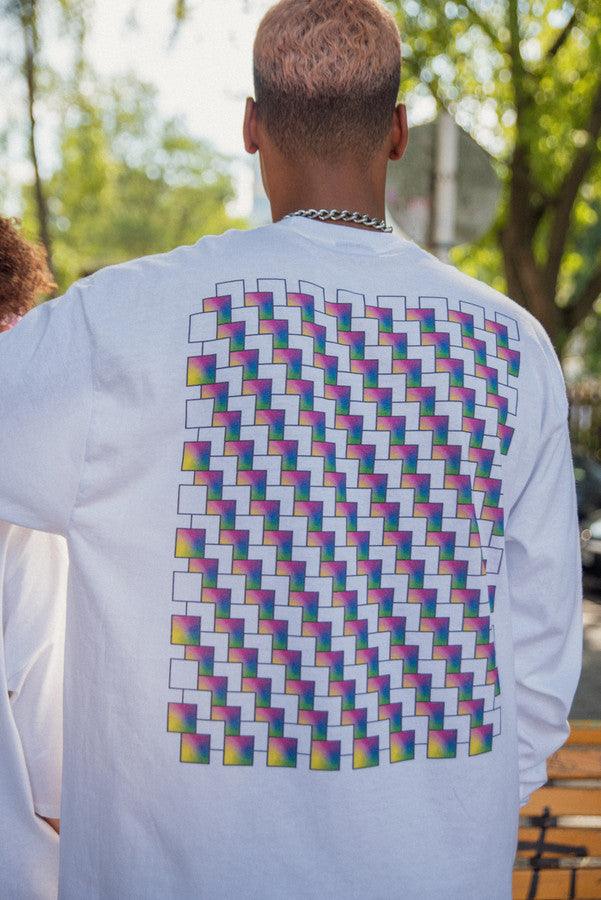 Long Sleeve Tshirt in White with Square Geometric Logo Print-1