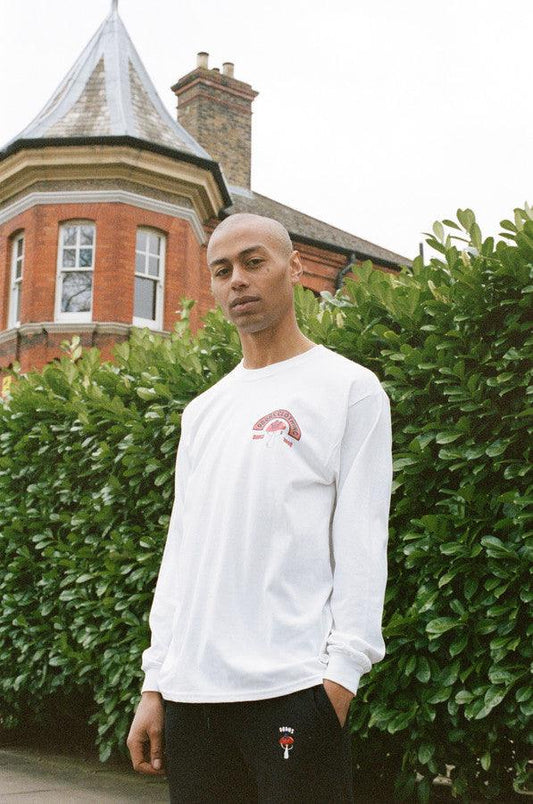 Long Sleeve T-shirt in White with Bro Shroom Est 2012 Print-0