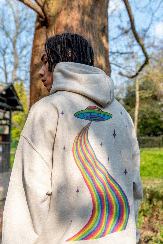 Hoodie In Sand With Trippy Alien Invasion Print-0