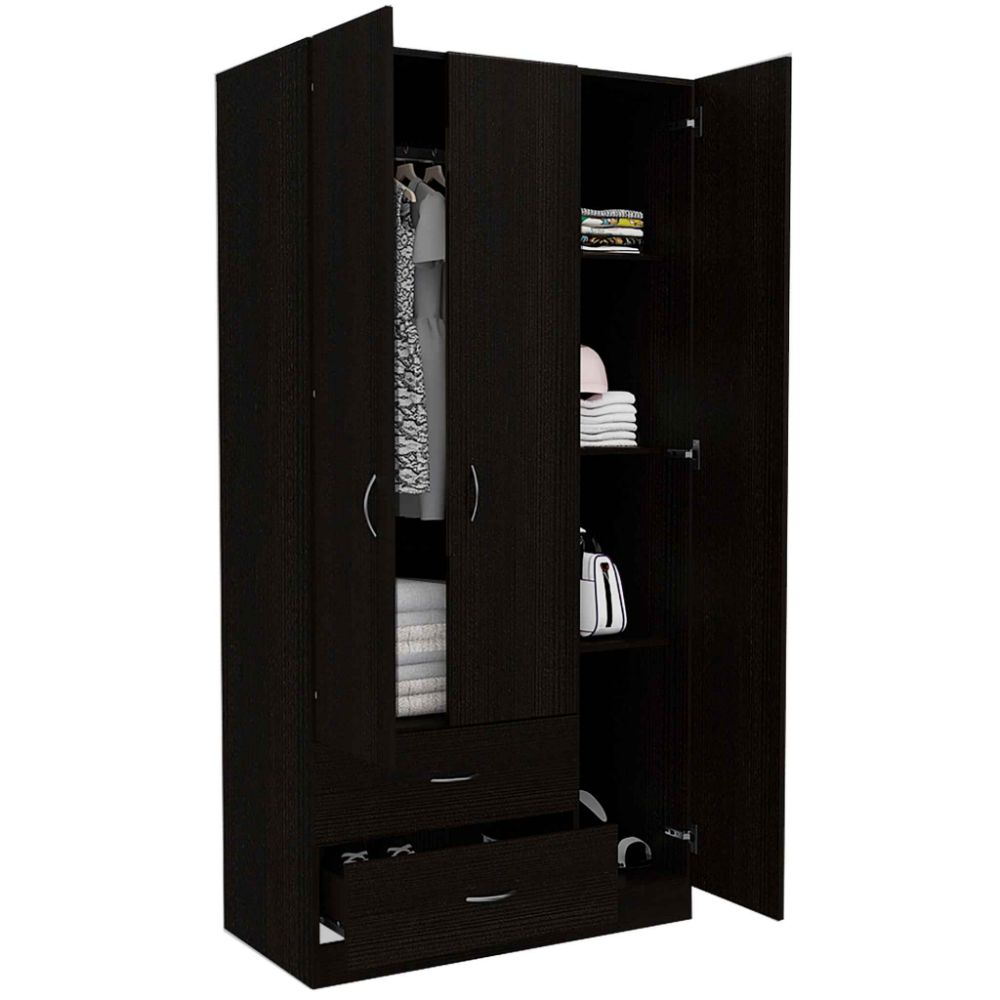 Three Door Armoire Clark, Metal Rod, Black Wengue Finish-4