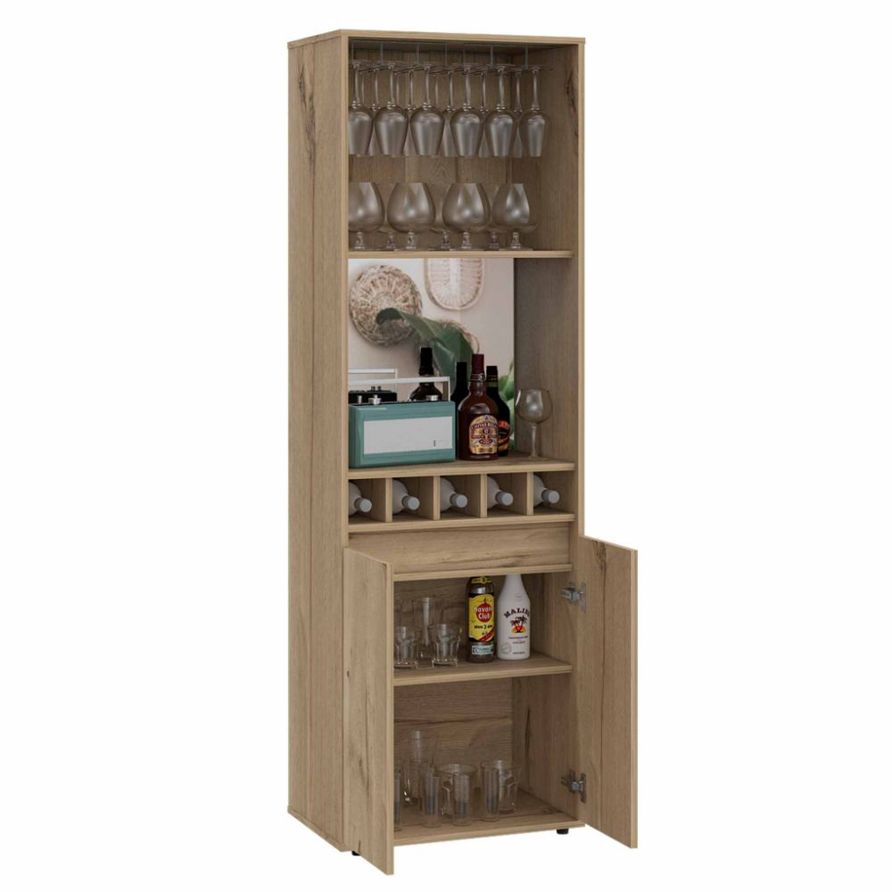 Bar Cabinet Tucson,Five Wine Cubbies, Light Oak Finish-4