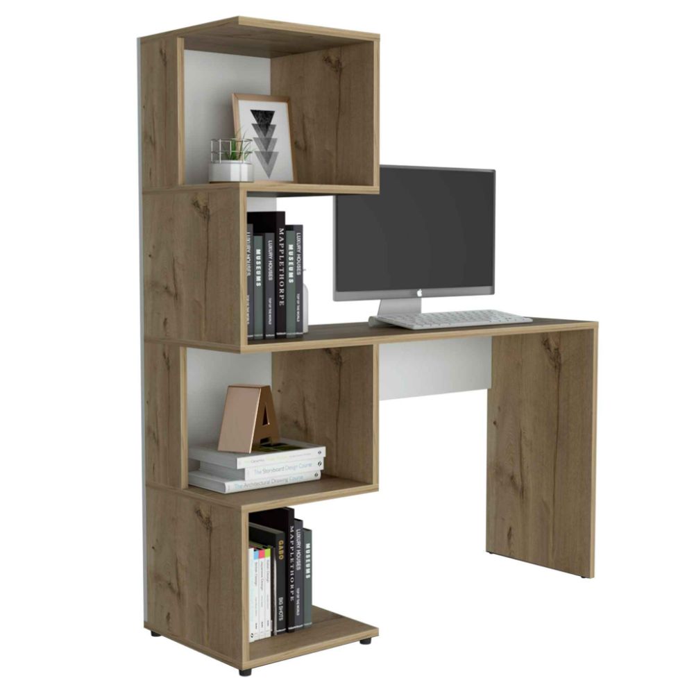 Computer Desk Jayess with Four-Tier Storage Shelves, Light Oak / White-3