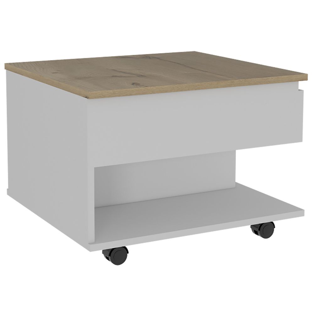 Lift Top Coffee Table Mercuri, Casters, White / Light Oak Finish-2