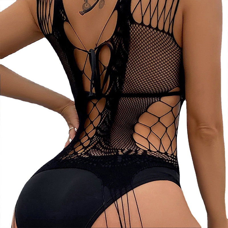 Seductive Cutout Fishnet Suspender Bodystocking model Back Show