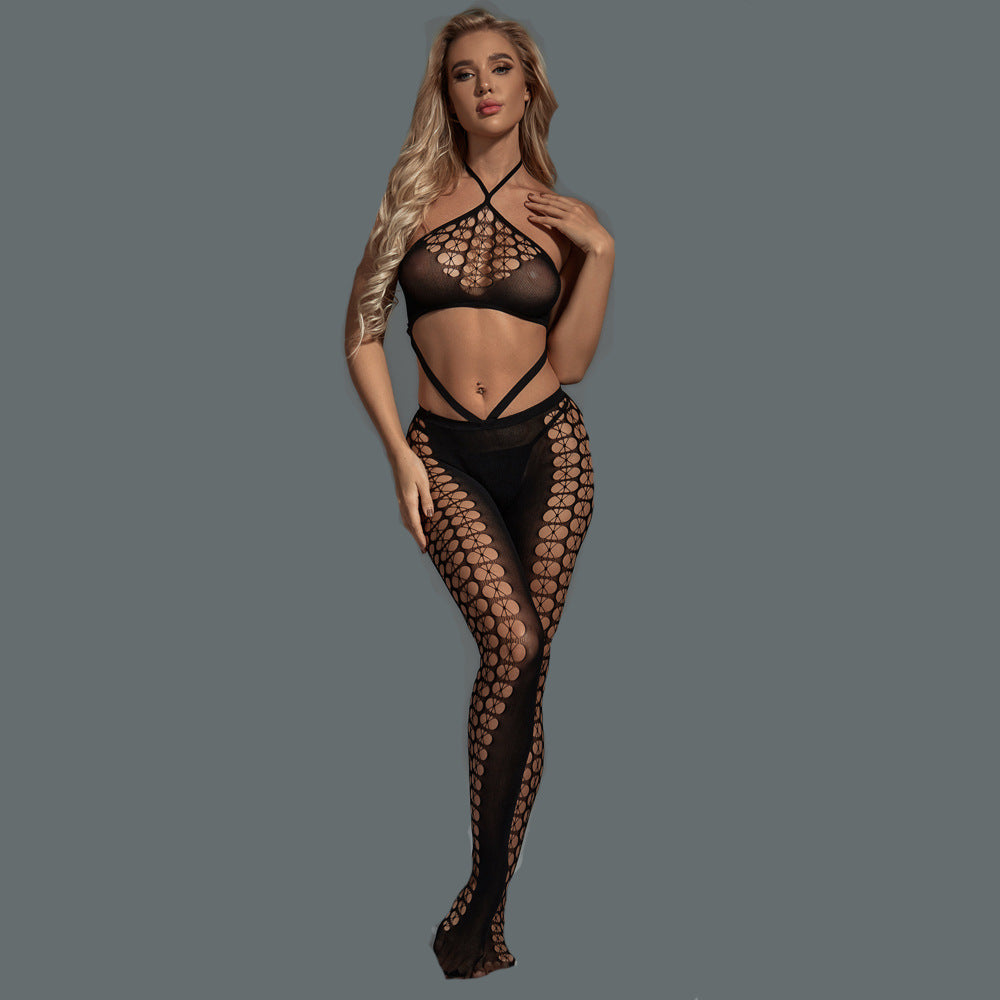 Wholesale Halter Bra Bodystocking Set with Hollow Honeycomb Design Model Display