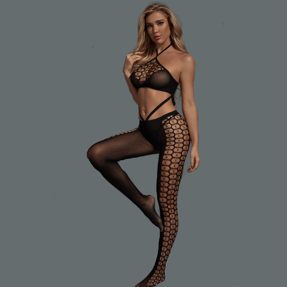 Wholesale Halter Bra Bodystocking Set with Hollow Honeycomb Design Side Display