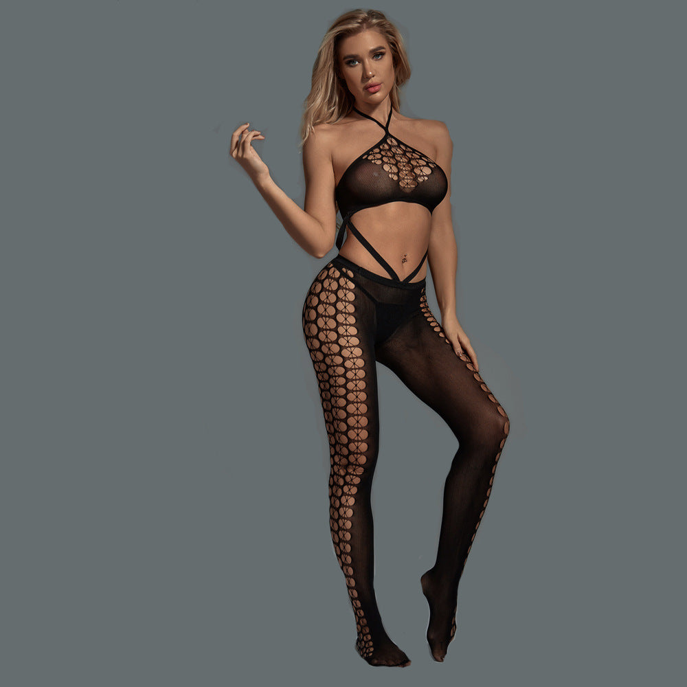 Wholesale Halter Bra Bodystocking Set with Hollow Honeycomb Design Side Model