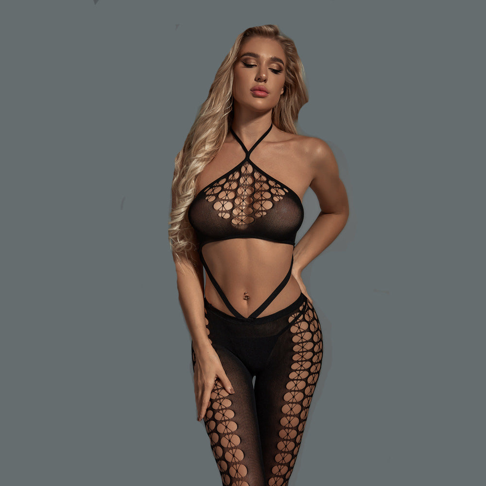 Wholesale Halter Bra Bodystocking Set with Hollow Honeycomb Design