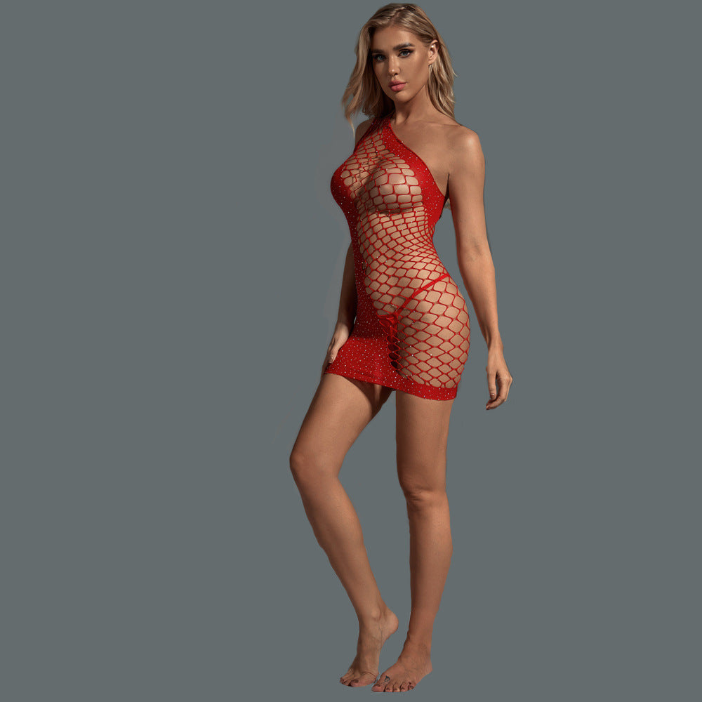 Wholesale One-Shoulder Red Rhinestone Bodystocking Dress Side Model Display