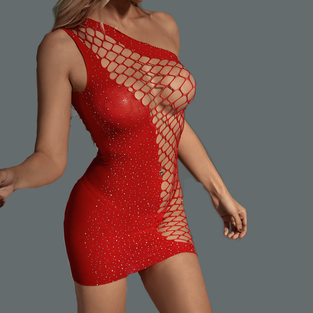 Wholesale One-Shoulder Red Rhinestone Bodystocking Dress-5