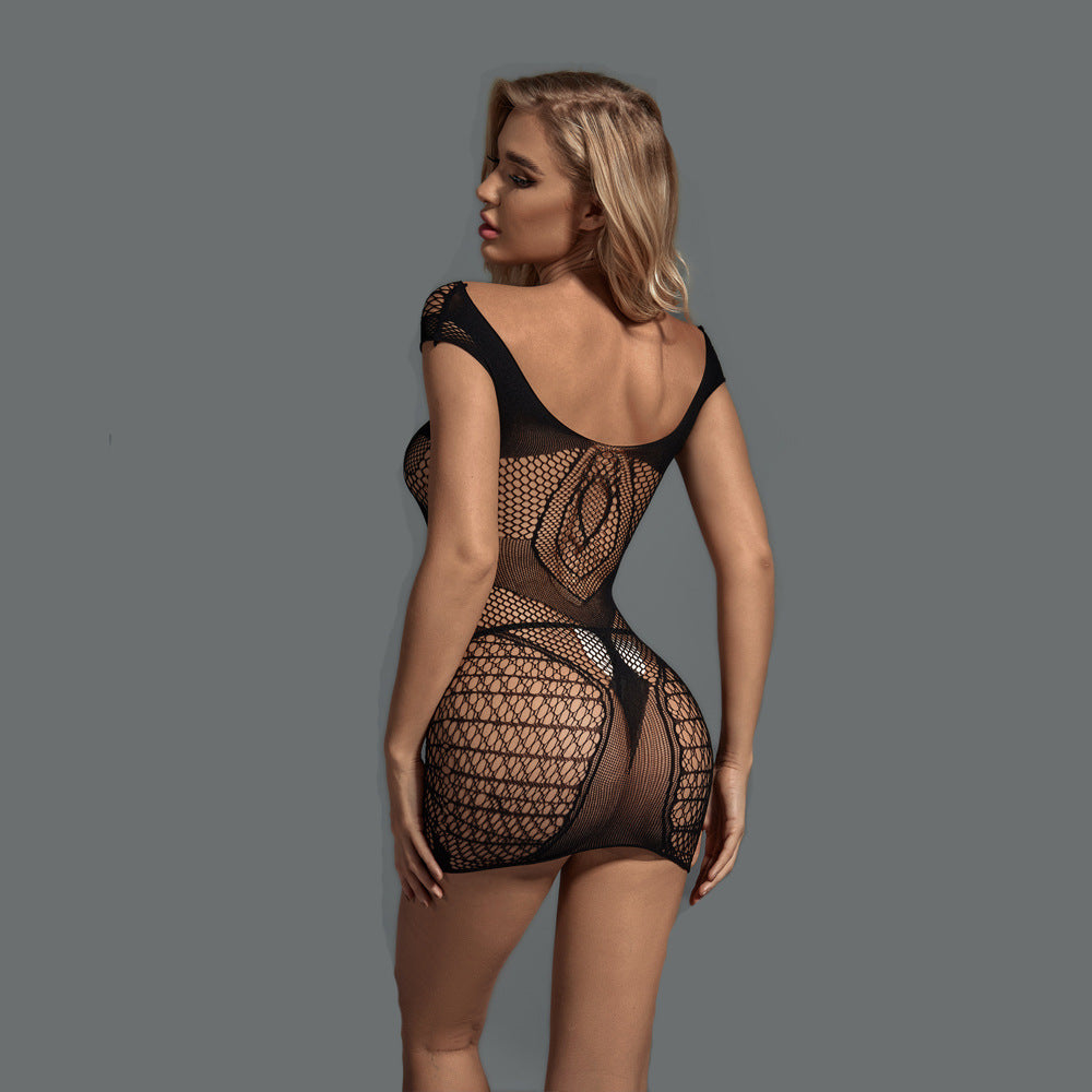 Wholesale Off-the-Shoulder Bodystocking Dress with Sexy Hollow Design Back Show