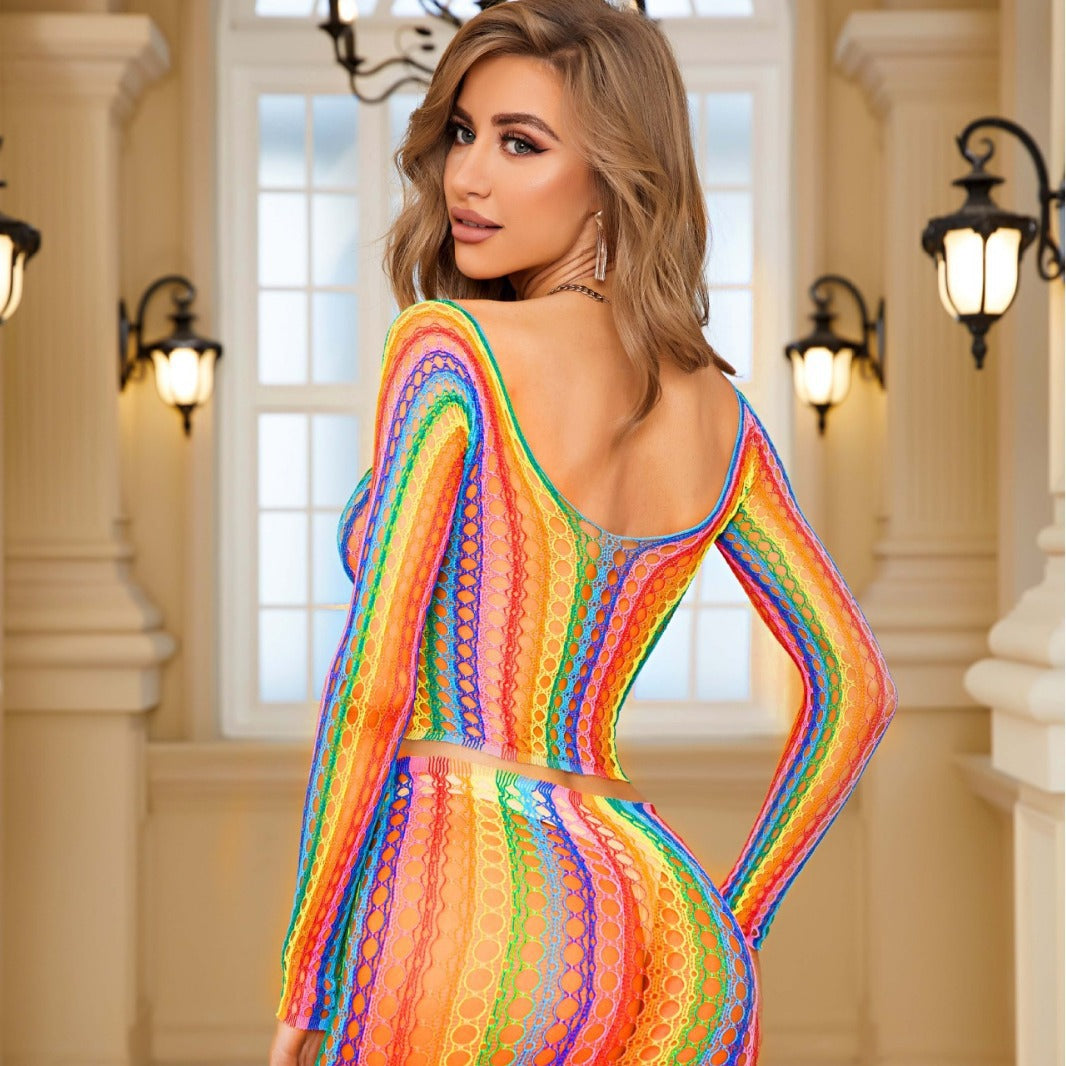 Spectrum Glow Long Fishnet Dress Back Show