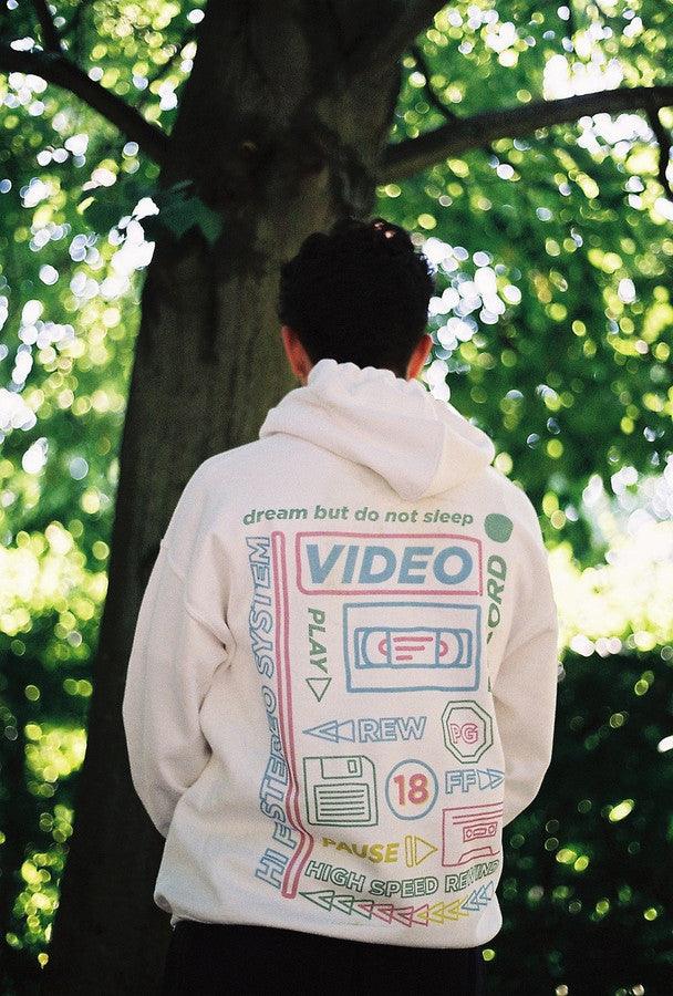 White Cotton Hoodie With Printed 80's VHS Design-1