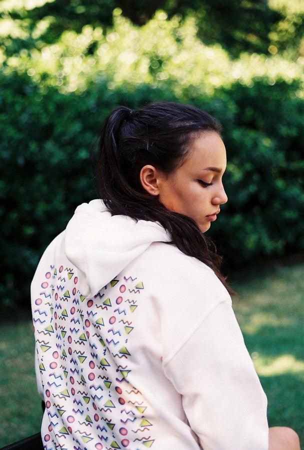 White Hoodie With 80's Geometric Design-0