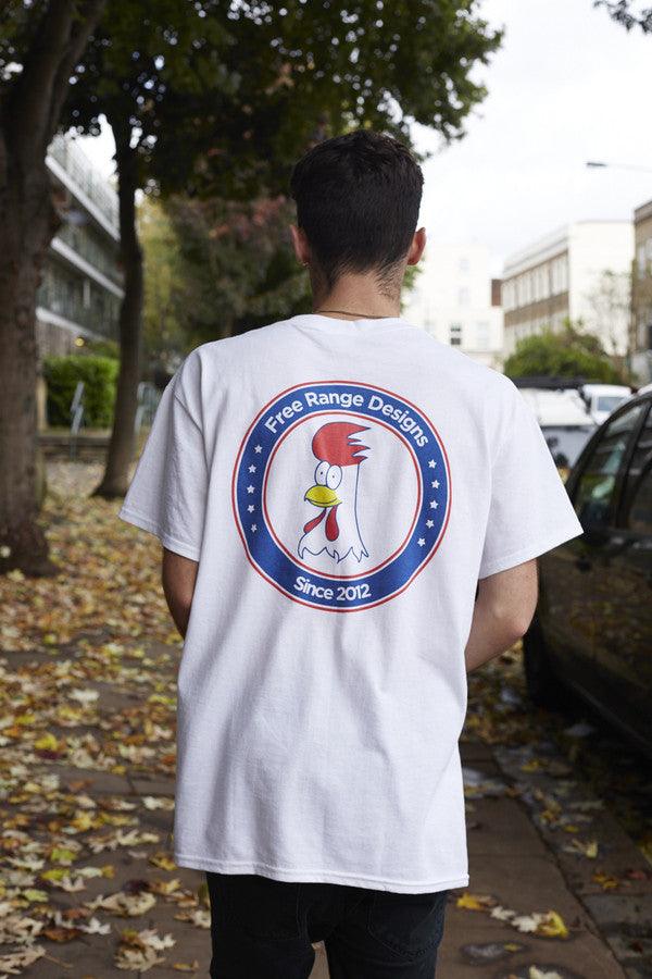 White Short Sleeved T-Shirt With Free Range Chicken Shop Print-1