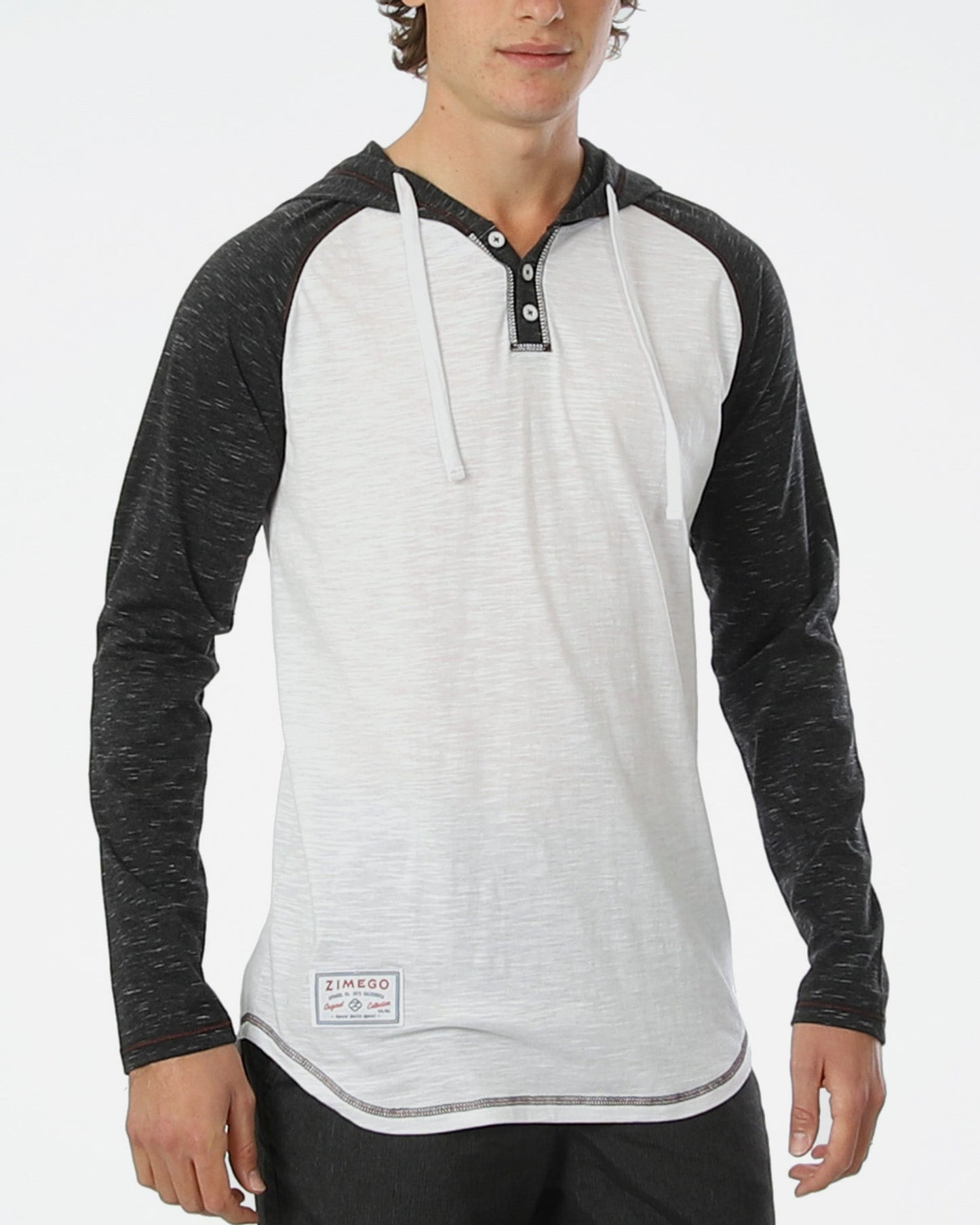 ZIMEGO Long Sleeve Raglan Henley Round Bottom Hood T-Shirts - WHITE/BLK-0