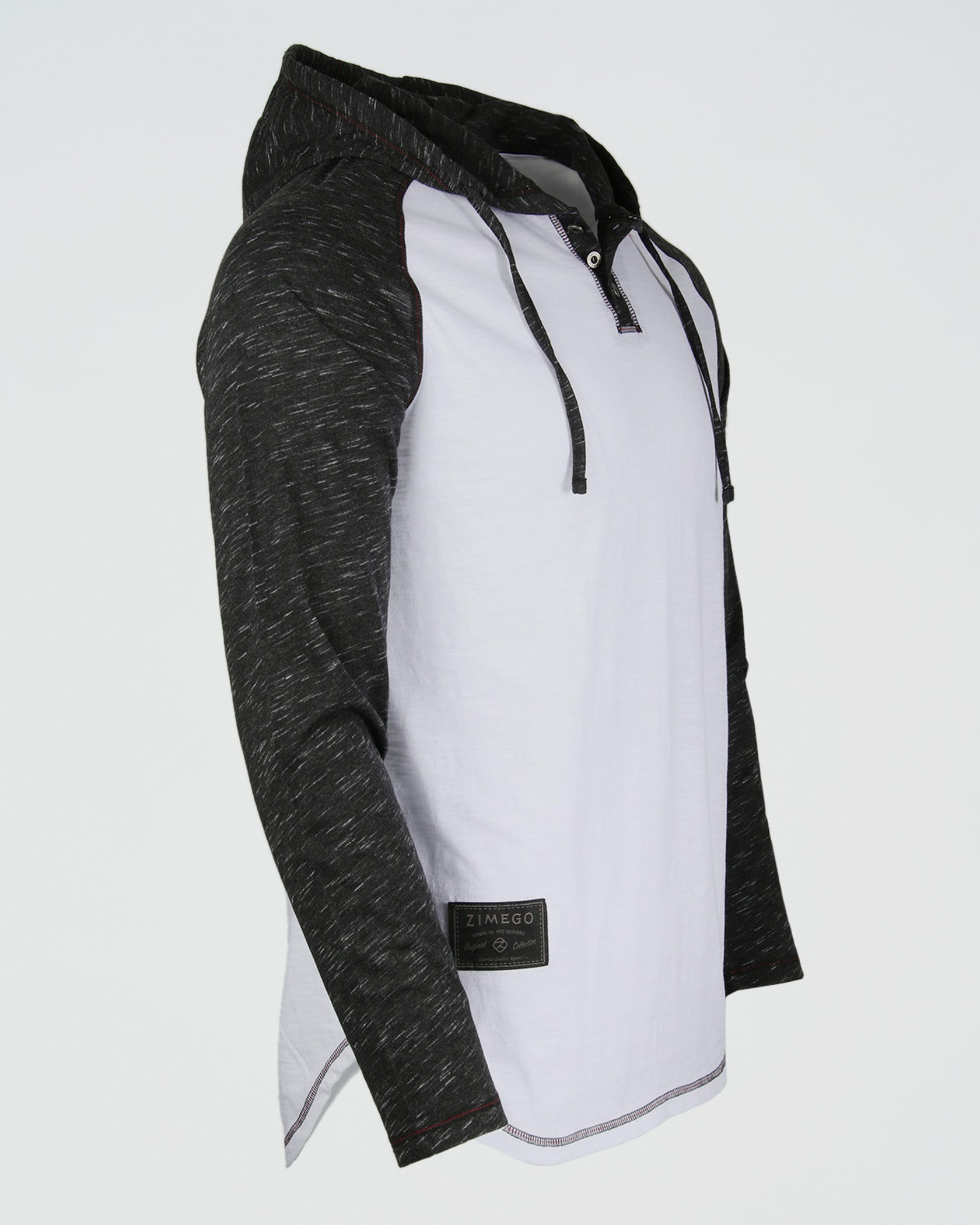 ZIMEGO Long Sleeve Raglan Henley Round Bottom Hood T-Shirts - WHITE/BLK-2