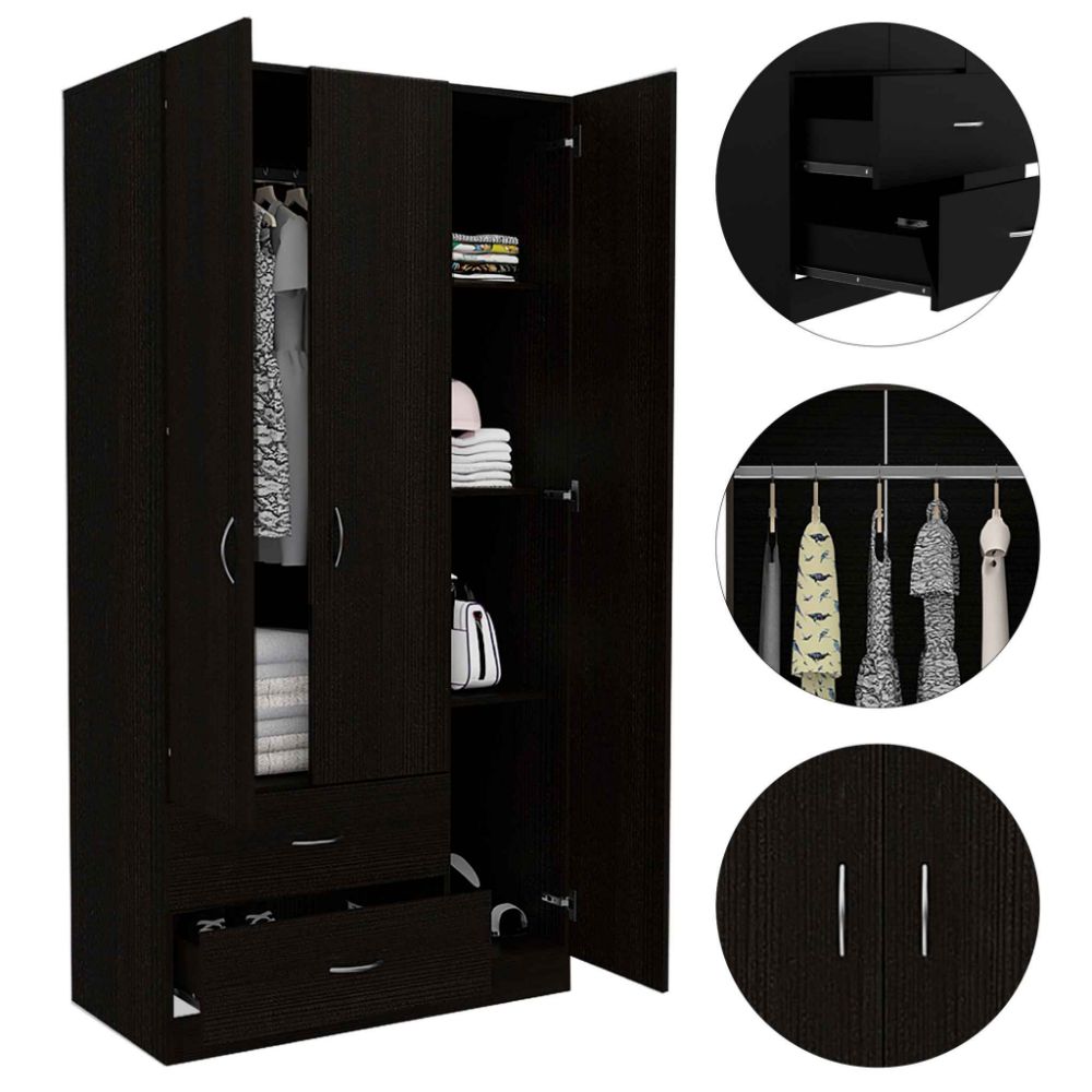 Three Door Armoire Clark, Metal Rod, Black Wengue Finish-2