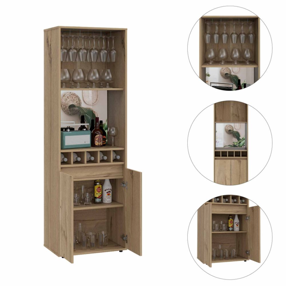 Bar Cabinet Tucson,Five Wine Cubbies, Light Oak Finish-2